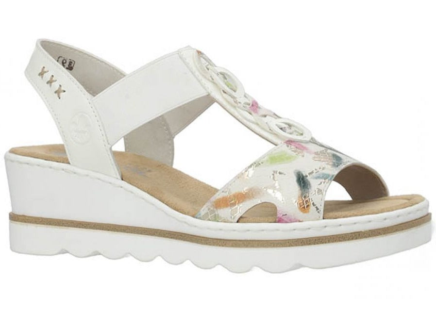Rieker - Sandal med kilehæl, 42-0672 - Hvid m/print